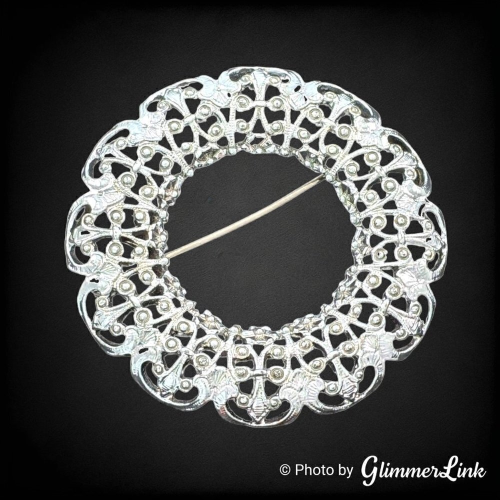 Ornate Filigree Silver Tone Domed Wreath Circle Brooch
